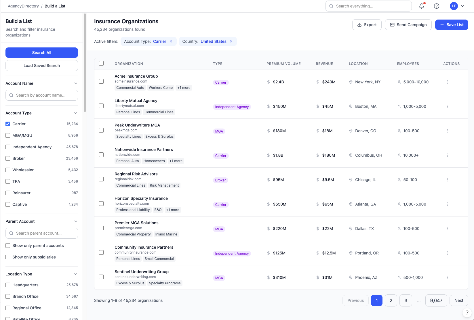 Agency Directory platform: Insurance Organizations list with filters for account type, location, premium, revenue and employees, plus export and send-campaign actions